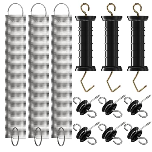 12PCS Electric Fence Gate Kit, 3 Sets Electric Fence Spring Gate Handles Kit, Plastic Electric Fence Gate Handle with Insulators with Spring 16-Feet Tension Spring and Two Way Hook Fence Insulator
