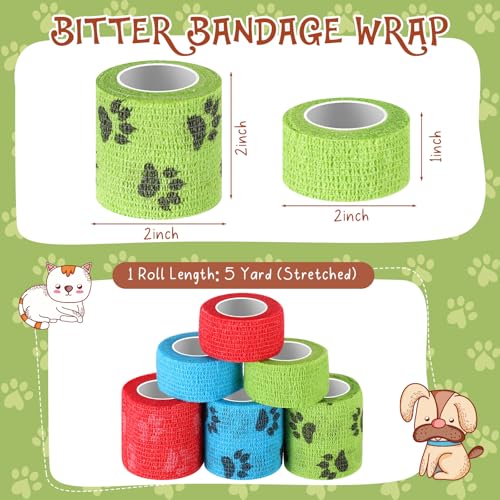 Geiserailie 6 Rolls No Chew Bandage for Dogs Self-Adhesive Bitter Bandage Wrap Non-Woven Pet Wrap for Dog Horse Wound Card