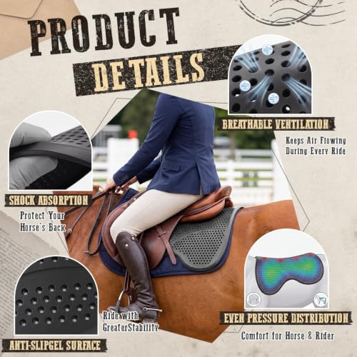 Abbylike Silicone Gel Saddle Pad for Horses, Anti-Slip 20.67x16.54in | Shock Absorbing, Breathable Ventilation Holes, Fits English Western Saddles, Dressage, Jumping, Trail Riding, Trimmable