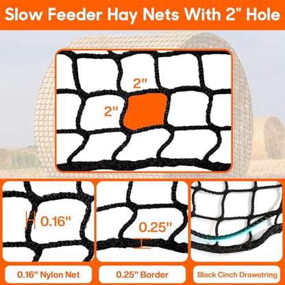 5 x 5 ft Round Bale Hay Net for Horses, with 20 Ropes Netting Comb Zip Tie - color: round