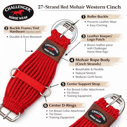 Horse Western 27 Strand Double Weave Tan Mohair Roper Cinch 97RT07 - color: Red, size: 22" L x 7" W