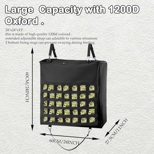 1Pcs Hay Bag for Horse,Slow Feed Bag Heavy Duty 1200D Oxford Fabric Hay Bag with Front Hay Nets Design and Zipper Large Top Load Feeding Bag for Horses and Livestock,24x11x24 Inch,Black