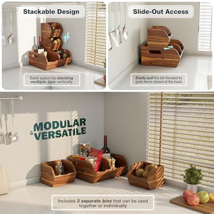 Acacia Pantry Storage Bins, Stackable Potato and Onion Organizer | Easy Assembly With Included Hardware – Stack 3 Modular Bins Or Use Separately For Flexible Storage And Open-Front Access
