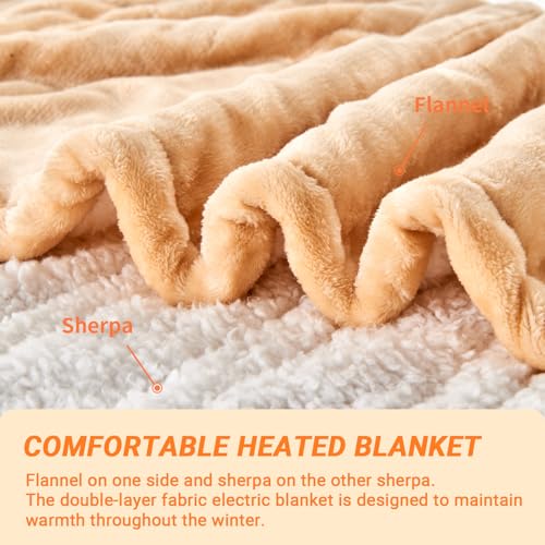 Heated Blanket Electric Throw, 50"x60" Soft Flannel Heating Blanket with 8 Hours Auto Off 10 Fast Heating Levels Machine Washable Sherpa Heated Throw Blanket with Overheating Protection - color: Khaki, size: Throw(50" x 60")