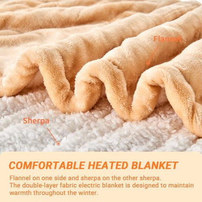 Heated Blanket Electric Throw, 50"x60" Soft Flannel Heating Blanket with 8 Hours Auto Off 10 Fast Heating Levels Machine Washable Sherpa Heated Throw Blanket with Overheating Protection - color: Khaki, size: Throw(50" x 60")