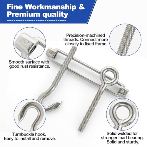 TooTaci 10PCS M10 Turnbuckle, 304 Stainless Steel Turnbuckle Hook and Eye | Turnbuckle Wire Tensioner, 660 lb Heavy Duty Adjustable Turnbuckles for Cables Wire, Cable Tightener, Trampoline, Tent, Tarps - size: M10 OC-10Pcs