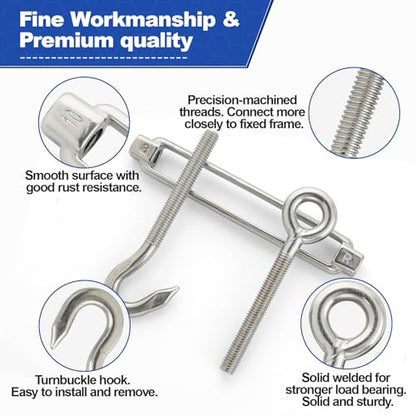 TooTaci 10PCS M10 Turnbuckle, 304 Stainless Steel Turnbuckle Hook and Eye | Turnbuckle Wire Tensioner, 660 lb Heavy Duty Adjustable Turnbuckles for Cables Wire, Cable Tightener, Trampoline, Tent, Tarps - size: M10 OC-10Pcs