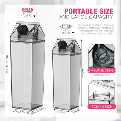 Remerry 3 Pcs Milk Carton Water Bottle Square Plastic Coffee Portable Reusable Milk Carton Cup Leakproof Juice Bottle - color: Pink Black Clear, size: 34 oz