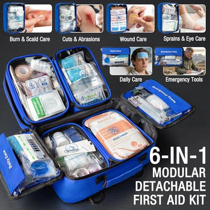 528 PCS Advanced First Aid Kit – Large 6-in-1 Modular Waterproof Well-Organized Emergency Kit for Home, Car, Travel, Camping, Boat & Outdoor - color: Blue