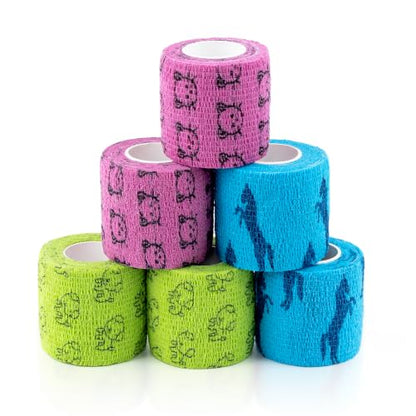 Vet Wrap Cohesive Bandages, Self-Adhesive Bandage Wrap, Breathable Non-Woven Self Adherent Tape for Pet Dog Leg Paw Wound, Horse, Cat, First Aid & Ankle Sprain, 2 Inch, 6 Rolls - color: 6 Rolls C