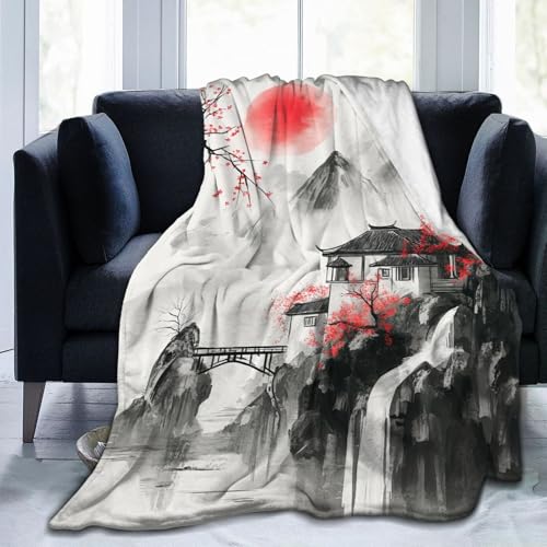 Japanese Throw Blanket Splash Red Cherry Blossom Gifts for Girls Women Men Boys Plush Cozy Flannel Fleece Fuzzy Landscape Blankets 60"X50" - color: Black Red, size: 60"x50"