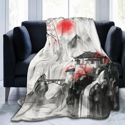 Japanese Throw Blanket Splash Red Cherry Blossom Gifts for Girls Women Men Boys Plush Cozy Flannel Fleece Fuzzy Landscape Blankets 60"X50" - color: Black Red, size: 60"x50"