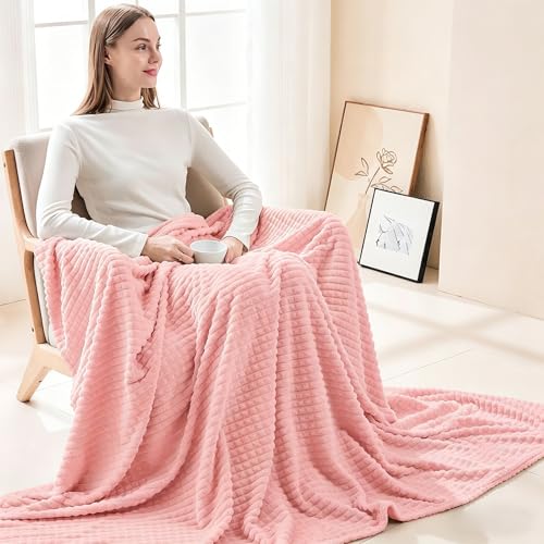 EMME Fleece Blanket Twin Size Luxury Flannel for Couch Bed Sofa Chair, Soft, Plush, Warm and Cozy Blanket with Geometric Grid Design (Pink, 60'' x 80'') - color: 14-grid-pink, size: Twin