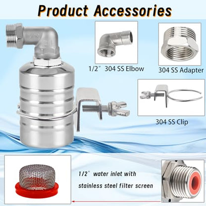 Float Valve, 1/2" to 3/4" 1" 304 Stainless Steel Fully Automatic Water Level Controller, Automatic Water Level Control Float Valve for Water Tank, Livestock Troughs, Pool, Distiller