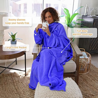 Catalonia Wearable Blanket with Sleeves for Women & Men, Fleece Wrap Throw - color: Blue