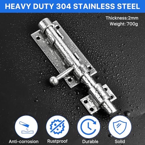 6.3inch Sliding Bolt Gate Latch, 2 Pack Heavy Duty Barrel Bolt with Padlock Hole, 304 Stainless Steel Solid Gate Lock Security Guard Door Latches for Yard Trailer Fence Shed Garages - color: Silver