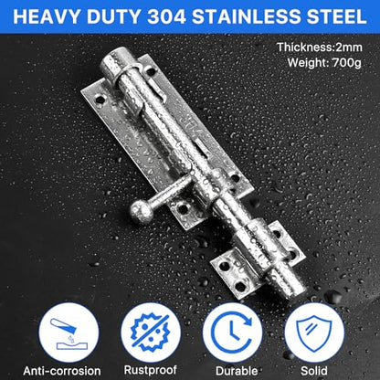 6.3inch Sliding Bolt Gate Latch, 2 Pack Heavy Duty Barrel Bolt with Padlock Hole, 304 Stainless Steel Solid Gate Lock Security Guard Door Latches for Yard Trailer Fence Shed Garages - color: Silver