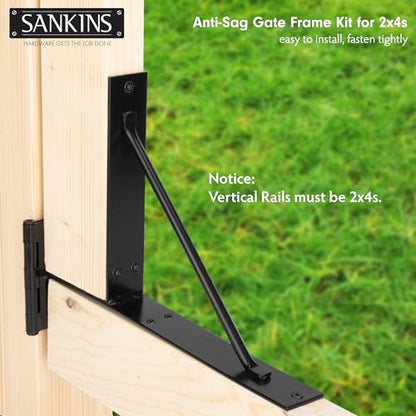 2 Set Anti Sag Corner Brace Bracket, Heavy Duty Frame Kit with Self-Locking Latch, Black Hardware for Wooden Fence, Shed Doors, Driveway Gates, Corral Gates, Wood Windows