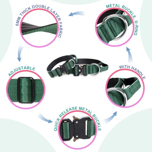 TSPRO Heavy Duty Tactical Dog Collar Quick Release Metal Buckle with Handle | Premium Dog Collar, Military Nylon, 1.25 Inch Wide, Soft Padded, Thick, Durable, Adjustable for Medium & Large Dogs (Green M) - color: Basic Green, size: M, Handle Style, Neck 1