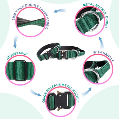 TSPRO Heavy Duty Tactical Dog Collar Quick Release Metal Buckle with Handle | Premium Dog Collar, Military Nylon, 1.25 Inch Wide, Soft Padded, Thick, Durable, Adjustable for Medium & Large Dogs (Green M) - color: Basic Green, size: M, Handle Style, Neck 1