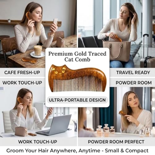 Cute Cat Natural Sandalwood Hair Comb, Gilded Wooden Hair Comb