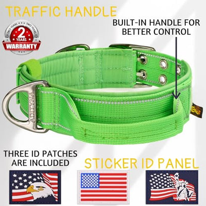 ADITYNA Heavy Duty Dog Collar for Medium Dogs with Traffic Handle - color: Green, size: Medium: Fit 15-19" Neck