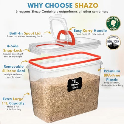 Shazo 2 PC (11L | 372 oz) Flour Sugar Storage Containers with Spout Lid & Easy Carry Handle - BPA Free Extra Large Airtight Food Storage Containers with Lids - Rice Canisters Sets for Kitchen & Pantry - color: Red