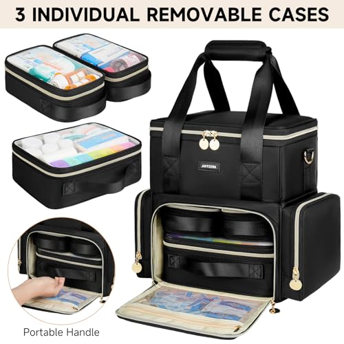 Large Medicine Bag with 3 Removable Cases, Medication Travel Bag with Multiple Storage Sections for Prescription Bottles, Vitamins & Medical Supplies, Black