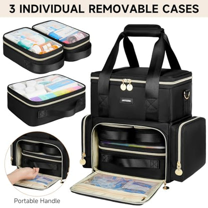 Large Medicine Bag with 3 Removable Cases, Medication Travel Bag with Multiple Storage Sections for Prescription Bottles, Vitamins & Medical Supplies, Black