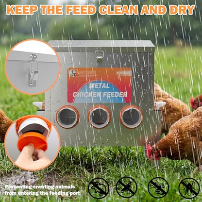 55LBS Automatic Chicken Feeder No Waste 5 Ports Metal Poultry Feeder with Adjustable Legs Perspective Window Latch & Handle for Chickens Bantams Pheasants - size: 5 Ports - 55 LBS with Legs