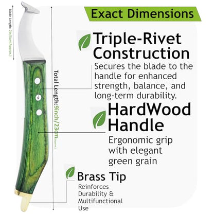 – Super Sharp Hoof Knife with Brass End | Precision-Sharpened Stainless Steel Blade & Wooden Handle | Pro Farrier Hoof Trimming Tool for Horses & Equine (Green, Left-Hand)