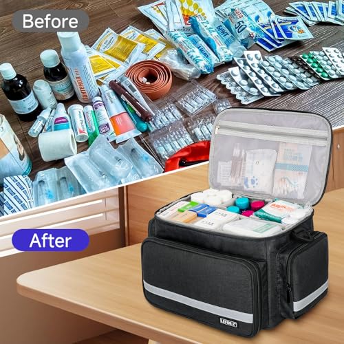LEFOR·Z Small Medical Bag,First Aid Bag Empty,Home Health Nurse Storage,Pill Bottle Organizer Box,Emergency Medical Supplies Tote with Detachable Divider for Home,Travel(11.75 x 7.6 x 8 inch) - style: Black-small