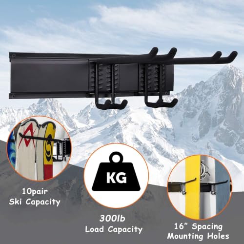 Ultrawall 24-Inch Wall Mounted Ski Rack, Holds Up to 300lbs, Powder-Coated Steel with Rubber Coating, Customizable Spacing, Easy Installation