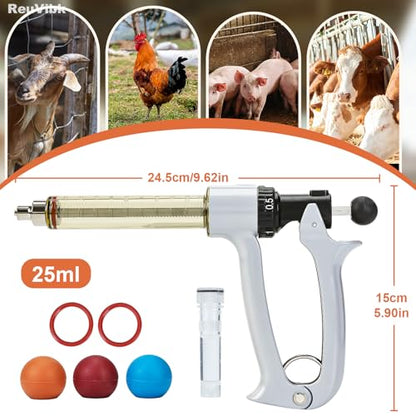 25ml Semi-Auto Repeating Livestock Syringe Gun, 5 Dose Settings - color: Silver Gray25ML-B