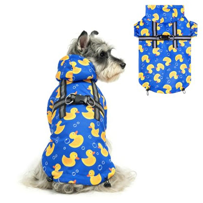 PUPTECK Dog Raincoat with Hood & Harness Built-in, Waterproof Dog Rain Jacket Slicker Poncho Reflective Vest Clothes for Rainy Snowy Winter Cold Days, Blue Duck S - color: Blue, size: S (Back 13.2", Chest 18.5", Neck 13.9")