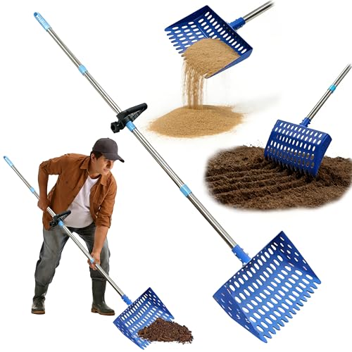XCL Chicken Poop Scooper & Rake 2-in-1, Large 20 inch Metal Chicken Poop Scooper Head, with Adjustable Handle(39-67inch), Sifting Shovel for Sand and Bedding, Chicken Coops Cleaning Tools (Blue) - color: Blue