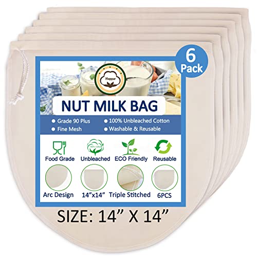 6 Pack 14"x14" Nut Milk Bags - 100% Unbleached Cotton, Food Strainer, Reusable Cheesecloth,Straining Almond/Oat/Soy Milk, Cold Brew Coffee, Cloth Bag for Cheese/Yogurt/Juice/Tea/Wine/Soup/Herbs