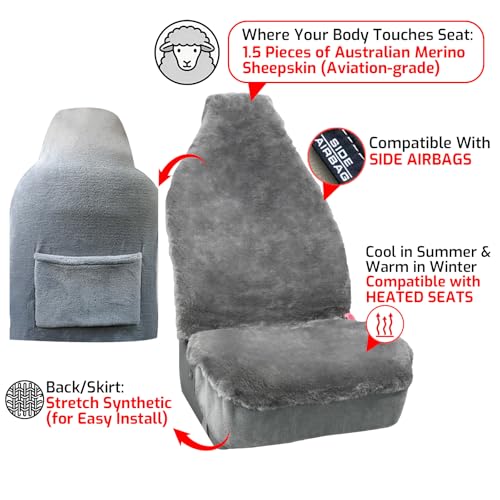 Aegis Cover Sheepskin Seat Cover Genuine Australian Merino Wool Front Seat Cover Luxury Dense Pelt Universal Fit for Most Cars, SUVs, Trucks, Bucket-Style, 54 X 22 Inches (Grey) - color: A Grey