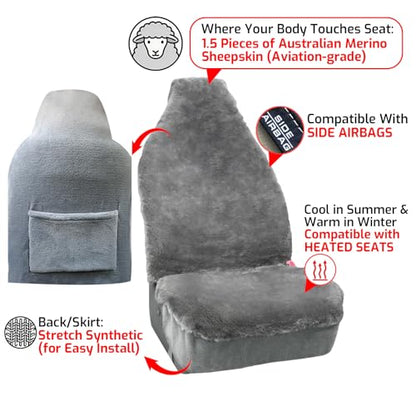 Aegis Cover Sheepskin Seat Cover Genuine Australian Merino Wool Front Seat Cover Luxury Dense Pelt Universal Fit for Most Cars, SUVs, Trucks, Bucket-Style, 54 X 22 Inches (Grey) - color: A Grey