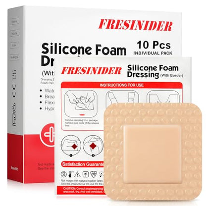 FRESINIDER Silicone Foam Dressing with Adhesive Border, 10 Pack, 2” x 2” Small Foam Wound Dressings, Gentle Silicone Adhesion, Breathable & Comfortable, for Minor Cuts, Burns & Post-Surgical Care - size: 2" x 2",10 Pack