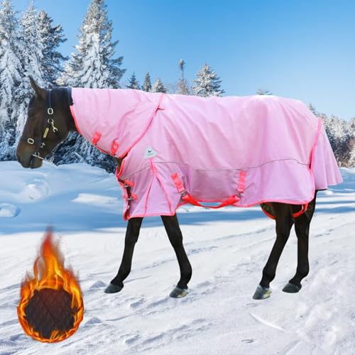 Turnout Blanket for Horses, Waterproof Thickened Horse Sheet with Detachable Neck Cover,1600D Nylon Outer, 400g Heavy Weight Filling (Pink, US 72IN(EU 135cm)) - color: Pink, size: US 72IN(EU 135cm)