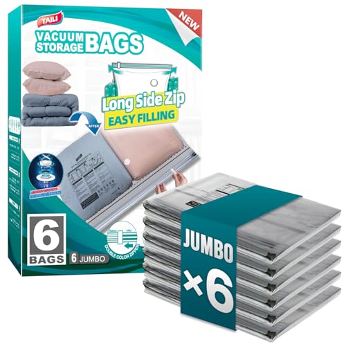 TAILI 6 Pack Vacuum Storage Bags, Jumbo LONG SIDE ZIP(39x28 inch), Clear - size: 6 Jumbo