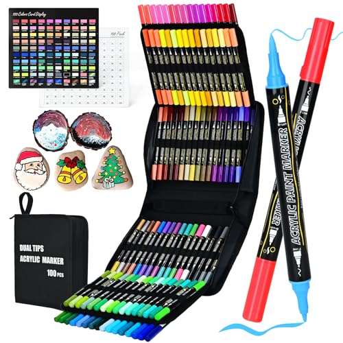 100-Pack Acrylic Paint Pens, Dual Tip with Brush & Fine, Carrying Case | 88 Regular +12 Metallic Color, Ideal for Rock, Canvas, Wood, Fabric, Black Paper, Photo Album, Card Making, DIY Crafts - color: 12 Metallic & 88 Regular Colors
