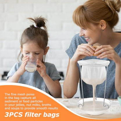 Jelly Strainer Stand, 3 Reusable Bags, Stainless Steel Sieve for Nut Milk