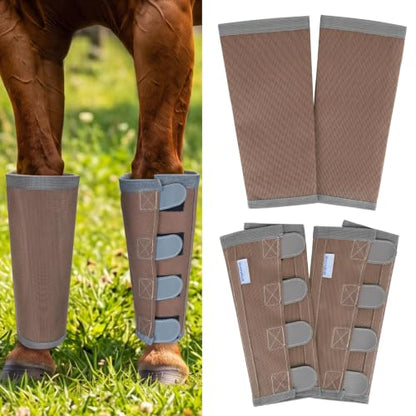 Fly Boots for Horses Set of 4 with Reflective Vercros, Loose Fitting Mesh Horse Fly Boots Leggings, Adjustable Equine Leg Wraps & Socks, Stay Up Not Sag, No Rub - color: Camel