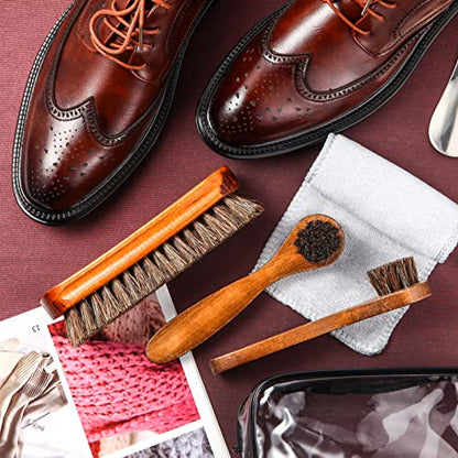 4 Pcs Horsehair Shoe Brush Kit Polishing Daubers Applicators Leather Care Brushes Shine Cleaning Cloth with Bag(Shoe Brush Set E) - style: Shoe Brush Set E
