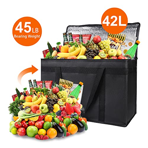 Bodaon 1-Pack Insulated Food Delivery Bag, XX-Large Reusable Grocery Shopping Bag, Frozen Food Cold, Cooler Bags with Zippered Top, Black | Reusable Shopping, Frozen Food Cold, Cooler Bags for Picnic, Commercial Catering Pizza Carrier, Thermal Hot, Collap