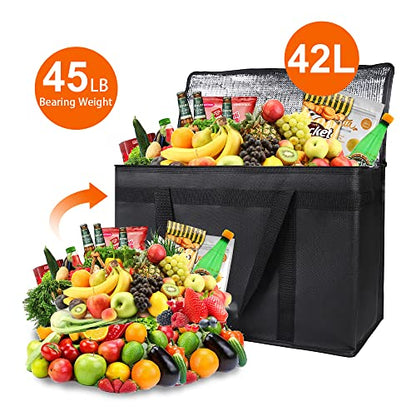 Bodaon 1-Pack Insulated Food Delivery Bag, XX-Large Reusable Grocery Shopping Bag, Frozen Food Cold, Cooler Bags with Zippered Top, Black | Reusable Shopping, Frozen Food Cold, Cooler Bags for Picnic, Commercial Catering Pizza Carrier, Thermal Hot, Collap