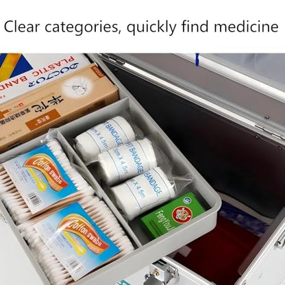Metal First Aid Box Empty Aluminum Medicine Box Lock with Keys, 12.2 * 7.08 * 7.08” Medium Size Container with Handle, First Aid Kit Box Organizer, Silver