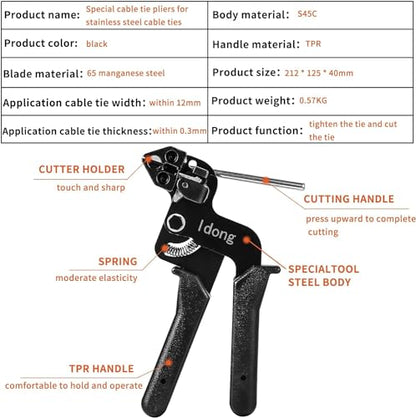 Idong Metal tie wrap Gun kit,Stainless Steel Cable Tie Gun and 100PCS 4.6 x 270mm Stainless Steel Cable Ties,Zip Tie Tool,Cable Tie Gun